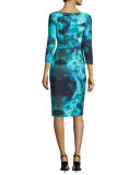 3/4-Sleeve Ruched Floral Cocktail Dress, Winter Blossom Blue