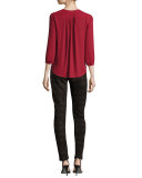 3/4-Sleeve Pleated-Back Blouse, Crimson Red