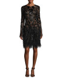 Beaded Long-Sleeve Feather-Skirt Dress, Black