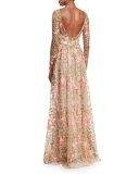 Long-Sleeve Floral-Embroidered Gown 