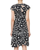 Floral Cutout Cap-Sleeve Cocktail Dress, Black/White