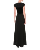 Split-Neck Cap-Sleeve Gown, Black