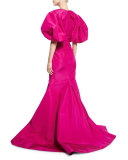 Puffed-Sleeve Silk Faille Trumpet Gown, Magenta