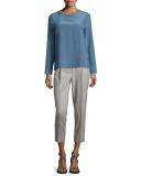 Long-Sleeve Round-Neck Blouse, Blue