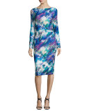 Long-Sleeve Printed Sheath Dress, Multi Colors