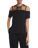 Glyn Lace-Trim Crepe Cold-Shoulder Top, Black
