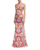 Strapless Embroidered Illusion Gown, White/Multi