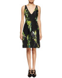 Sleeveless Floral-Print Sheath Dress, Black/Green/Chartreuse