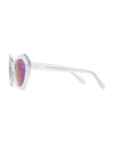 Bilbao Mirrored Geometric Cat-Eye Sunglasses, Clear/Green