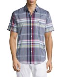 Short-Sleeve Resort Plaid Oxford Shirt, White/Multicolor