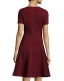 Short-Sleeve Seamed Picot-Knit Dress, Crimson