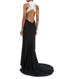 Beaded Sleeveless Mock-Neck Combo Gown, Black/White