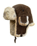 Suede Trapper Hat with Rabbit Fur, Brown