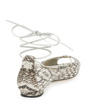 Aneska Snakeskin Lace-Up Open-Toe Flat, Natural