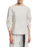 Striped Shirting Boat-Neck Top, White