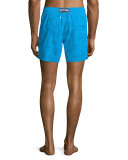 Moorea Flocked-Turtle Swim Trunks, Turquoise