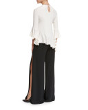 Silk Bell-Sleeve Ruffle Top, Stone White