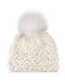 Patterned Cashmere Pompom Beanie Hat, White