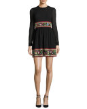 Long-Sleeve Stretch-Silk Dress w/ Garden Embroidery, Black