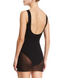 Solid One-Piece Swimsuit W/Tulle Overlay, Black