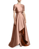 Popover-Bodice Two-Tone Evening Gown, Fawn/Adobe