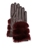 Leather Banded-Fur Gloves, Burgundy/Chianti