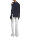 Cold-Shoulder Button-Front Blouse, Navy