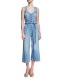Button-Front Sleeveless Cropped Denim Jumpsuit, Indigo