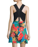 Ali Crossover Floral-Trim Ponte Dress, Black/Multicolor