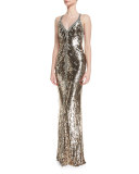 Sequined Halter V-Neck Gown, Black/Gold