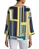 Bateau-Neck Striped Silk Blouse, Multi
