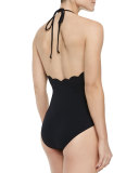 Mott Halter One-Piece Swimsuit W/ Scalloped Edges, Black
