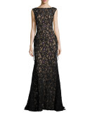 Sleeveless Embroidered Sequin Mermaid Gown, Black