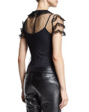 Short-Sleeve Ruffle-Lace Top, Black