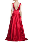 Sleeveless Pleated Satin Ball Gown, Red