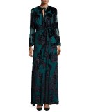 Tie-Neck Long-Sleeve Velvet Gown, Teal