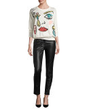 Napa Leather-Front Cropped Combo Pants, Black
