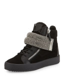 Leather Mid-Top Sneaker with Jeweled Strap, Black