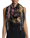 Floral Ruffle Silk Chiffon Scarf, Black/Multicolor