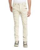 Destroyed Stretch Biker Denim Jeans, Sand