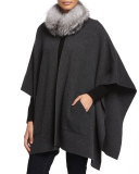 Cashmere Fur-Trim Poncho w/ Pockets, Charcoal