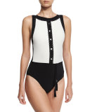 Go West High-Neck Colorblock One-Piece Swimsuit, Black/White
