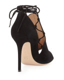 Side Lace-Up Peep-Toe Bootie, Black