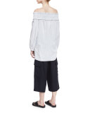 Samuel Striped Off-the-Shoulder Poplin Top, White/Blue