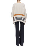 3/4-Sleeve Blanket Striped Poncho, Beige