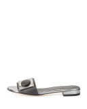 Buttoni Crocodile-Embossed Slide Sandal, Pewter/Black