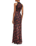 Ikat-Print Ruched Chiffon Gown