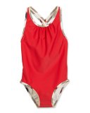 Beadnell Check-Trim One-Piece Swimsuit, Red, Size 4-14