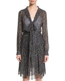 Tweed-Print Georgette Blouse, Gray