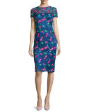 Venice Short-Sleeve Floral Lace Cocktail Dress, Blue/Multicolor